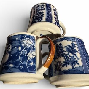 Vintage Korean Coffee Mugs, Blue Chinoiserie China Pattern (3)